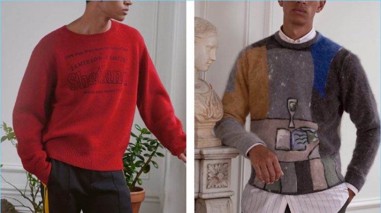 Left: Make a red statement in this oversize Dries Van Noten sweater. It's paired with Joseph striped sweatpants. Right: Take an artsy stand with a printed angora-blend sweater by Prada. The statement sweater complements smart styles like this Balenciaga shirt and Saint Laurent trousers.