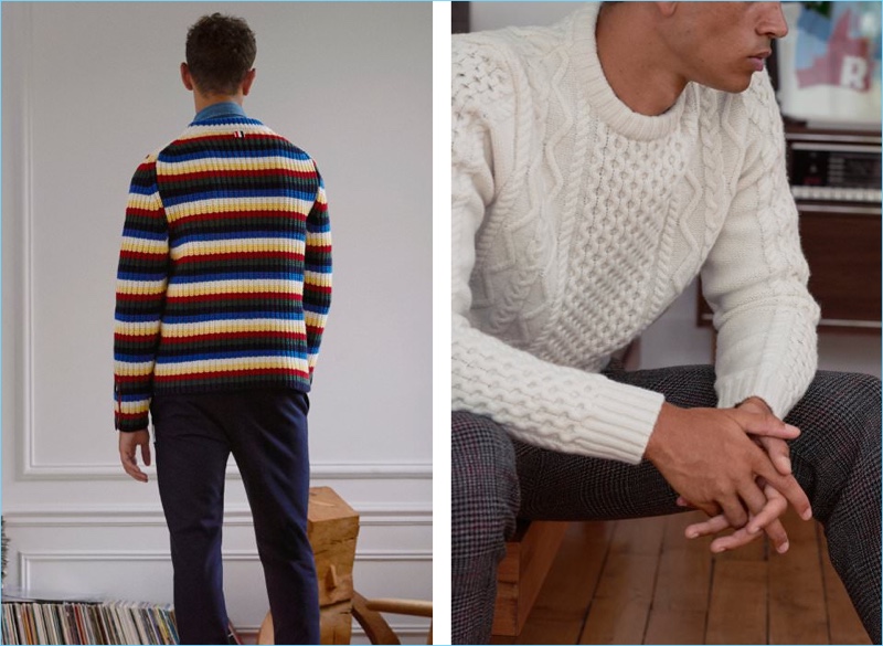 Left: Thom Browne makes a color play with a striped sweater. Mr Porter styles it with a Brunello Cucinelli denim western shirt and Moncler Gamme Bleu trousers. Right: A Norse Projects cable-knit sweater goes great with Solid Homme trousers.