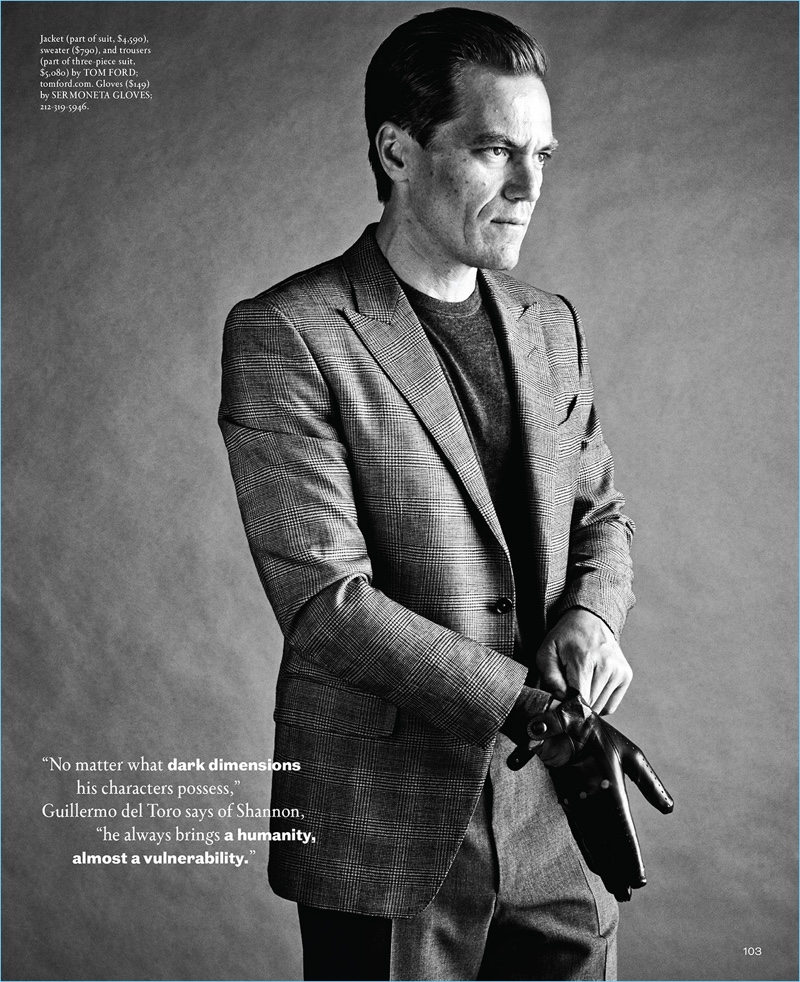 Delivering a side profile, Michael Shannon wears a Tom Ford look with Sermoneta leather gloves.