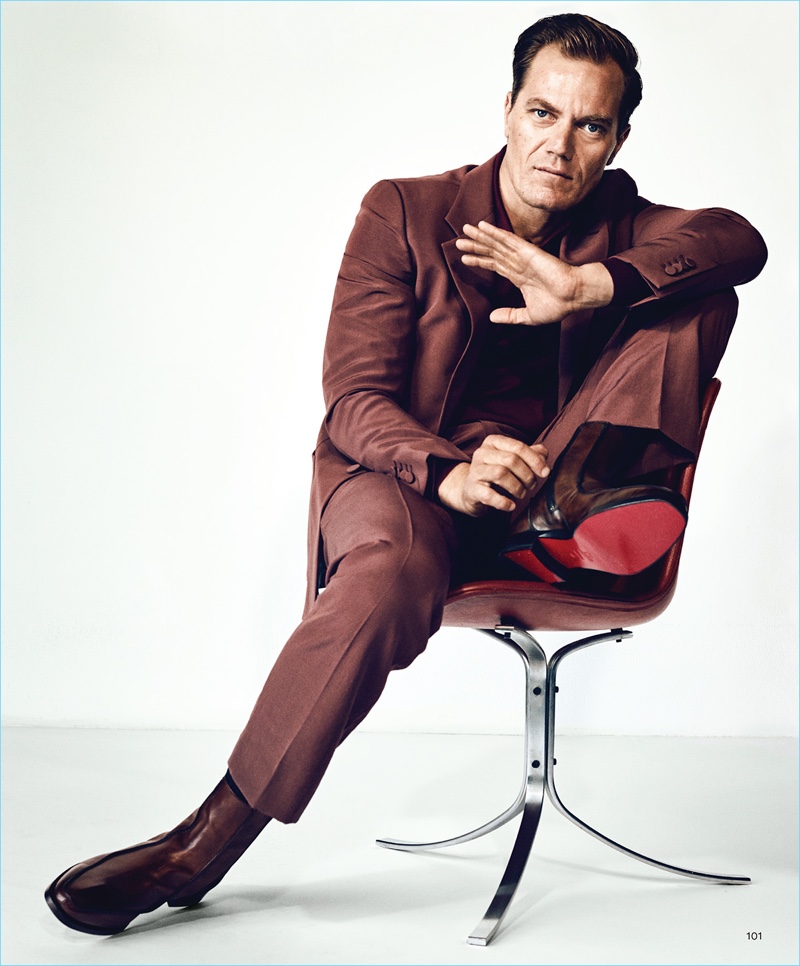 Suiting up in Gucci, Michael Shannon also wears a Charvet polo and Christian Louboutin boots.