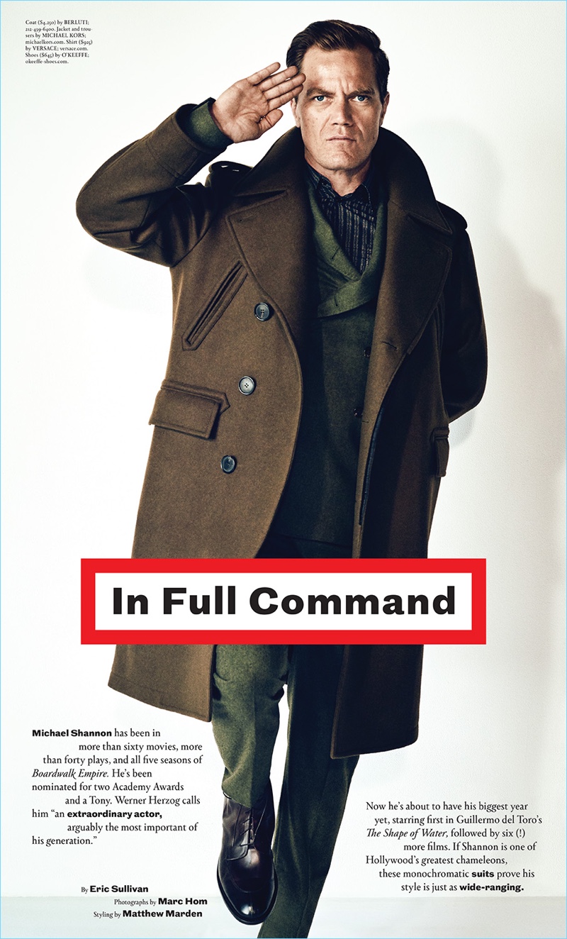 Embracing a military-inspired look, Michael Shannon stars in a shoot for The Big Black Book. He wears a Berluti coat with a Michael Kors suit, Versace shirt, and O'Keeffe shoes.