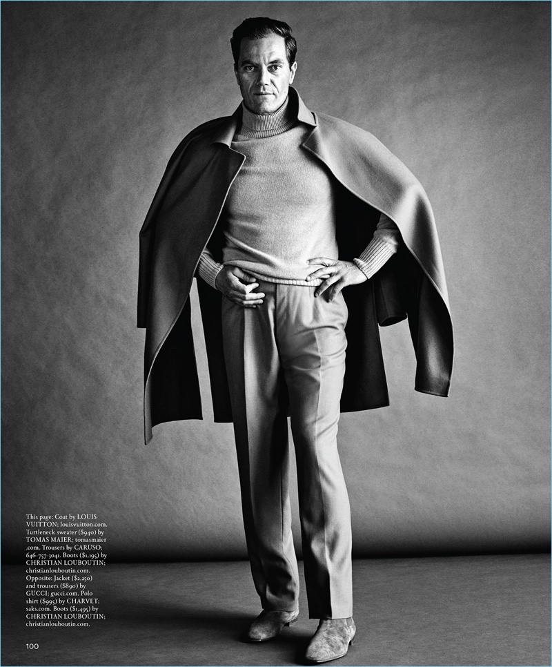 A chic vision, Michael Shannon wears a Louis Vuitton coat and Tomas Maier turtleneck sweater. Shannon also sports Caruso trousers and Christian Louboutin boots.