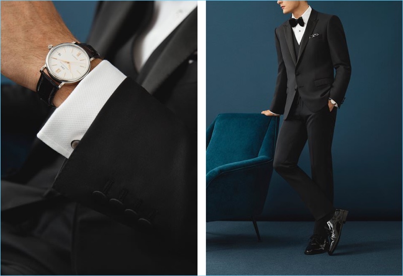 Pictured left, Mr Porter spotlights IWC Schaffhausen's Portofino 50mm aligator watch. Right, the retailer goes formal with a Dolce & Gabbana three-piece tuxedo. A Tom Ford tuxedo shirt and Givenchy patent-leather derby shoes accent the look. A Lanvin silk-bow tie and gold-plated cufflinks add the perfect finishing touch.