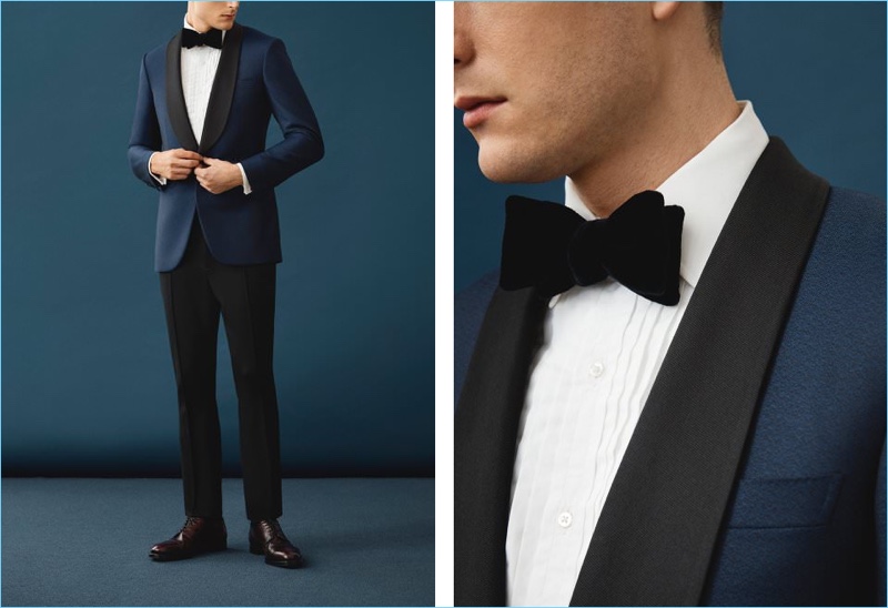 Hit a formal stride with Kingsman's blue tuxedo jacket and a Turnbull & Asser tuxedo shirt. Bottega Veneta trousers, a Favourbrook velvet bow-tie, and Prada cap toe leather derby shoes complete the dashing look.