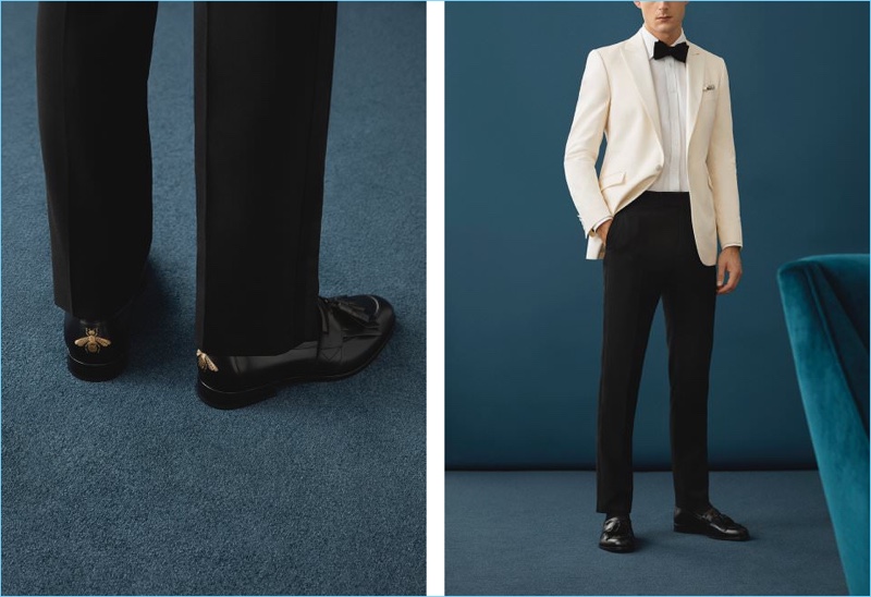 Deliver a dashing style statement in a Favourbrook white tuxedo jacket with a Hackett shirt. Complete your formal attire with Kingsman tuxedo trousers, a Favourbrook silk bow-tie, and Gucci leather loafers.