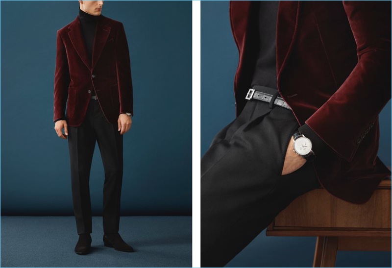 Nothing says formal like a velvet tuxedo jacket by Tom Ford. Here, Mr Porter styles the burgundy jacket with a Loro Piana turtleneck sweater and Berluti trousers. Saint Laurent Chelsea boots and a Zenith alligator watch accent the look.