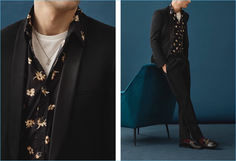 Bring a cool attitude to a Saint Laurent tuxedo with a Dries Van Noten floral print shirt and a t-shirt by The Elder Statesman. Mr Porter accessorize with a Saint Laurent necklace and Tom Ford leather loafers.