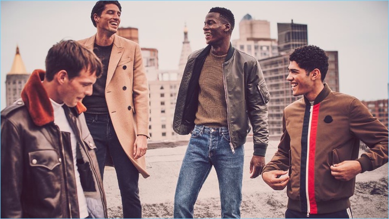 Styles to Smile About (Left to Right): Calvin Klein 205W39NYC shearling-trimmed leather jacket, turtleneck and jeans. Prada double-breasted coat and cashmere sweater with Berluti denim jeans. Burberry leather bomber jacket, Joseph ribbed sweater, and Dries Van Noten jeans. Moncler bomber jacket and Valentino trousers.