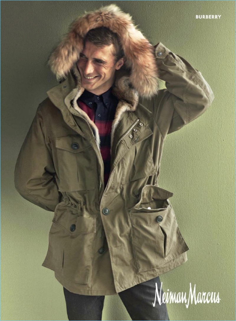 All smiles, Clément Chabernaud rocks a Burberry parka.