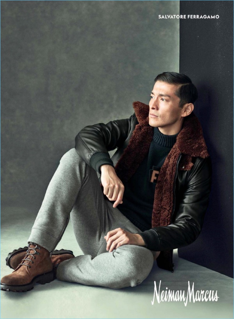 Japanese model Daisuke Ueda dons Salvatore Ferragamo for Neiman Marcus.