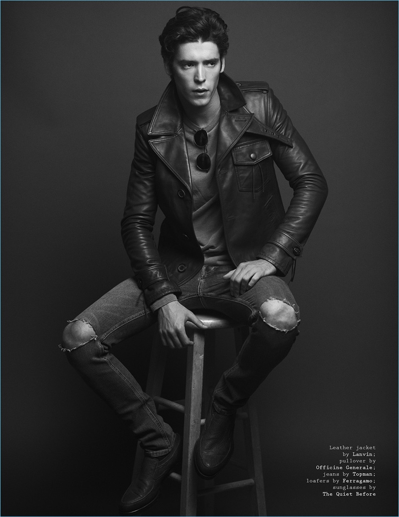 A cool vision, Pico Alexander wears a Lanvin leather jacket with an Officine Generale pullover. He also sports Topman jeans with Salvatore Ferragamo loafers.