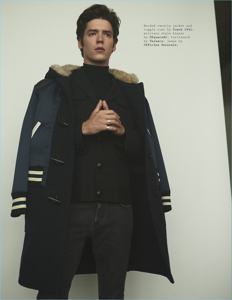 Making a grand style statement, Pico Alexander wears a dufflecoat and varsity jacket by Coach 1941. Alexander also dons a military-style blazer by Dsquared2 with a Versace turtleneck and Officine Generale jeans.