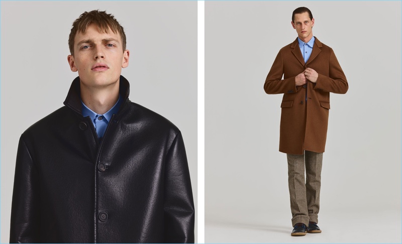 Pictured left, Victor Nylander rocks a leather coat with a shirt from Prada. Right: Rogier Bosschaart models a tailored Prada look.