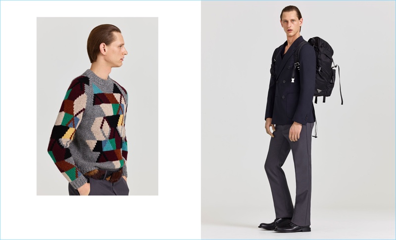 Left: Rogier Bosschaart wears a geometric Prada sweater with trousers and a fur belt. Right: Victor Nylander dons the latest fashions from Prada.