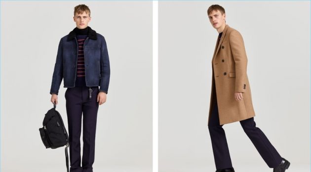 Go Retro with Prada's Key Looks from Matches Fashion Left: Embracing smart casual style, Victor Nylander wears Prada. Right: He sports a double-breasted camel coat with a sweater and other pieces from the label.