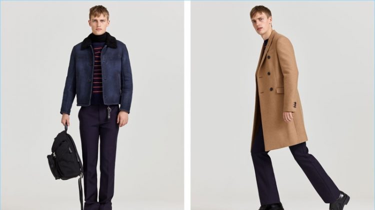 Left: Embracing smart casual style, Victor Nylander wears Prada. Right: He sports a double-breasted camel coat with a sweater and other pieces from the label.
