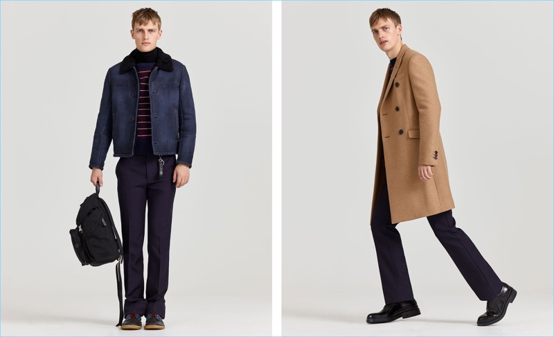 Left: Embracing smart casual style, Victor Nylander wears Prada. Right: He sports a double-breasted camel coat with a sweater and other pieces from the label.