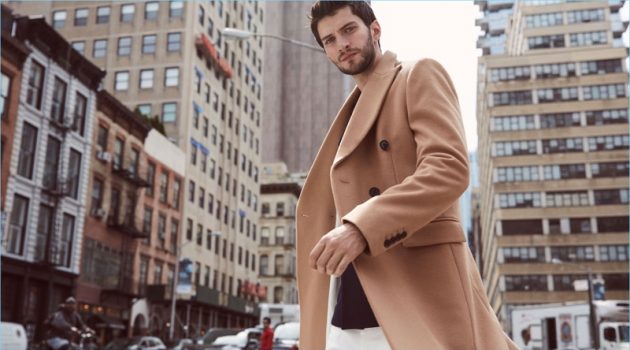 Coat Check: Matthew Bell Tackles New York with Reiss Reiss makes a case for a menswear classic with its cashmere blend double-breasted overcoat $710 in camel.