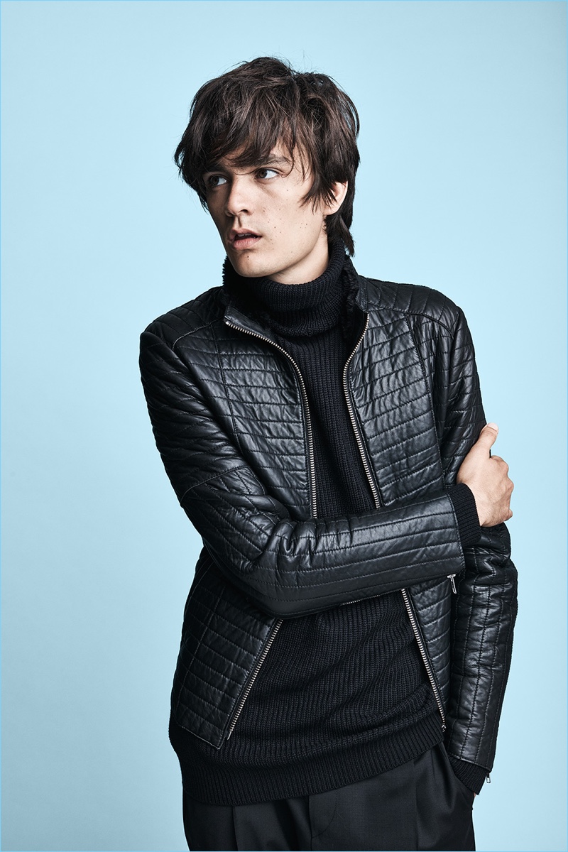 Alain-Fabien Delon rocks a leather jacket for SAND Copenhagen's fall-winter 2017 campaign.