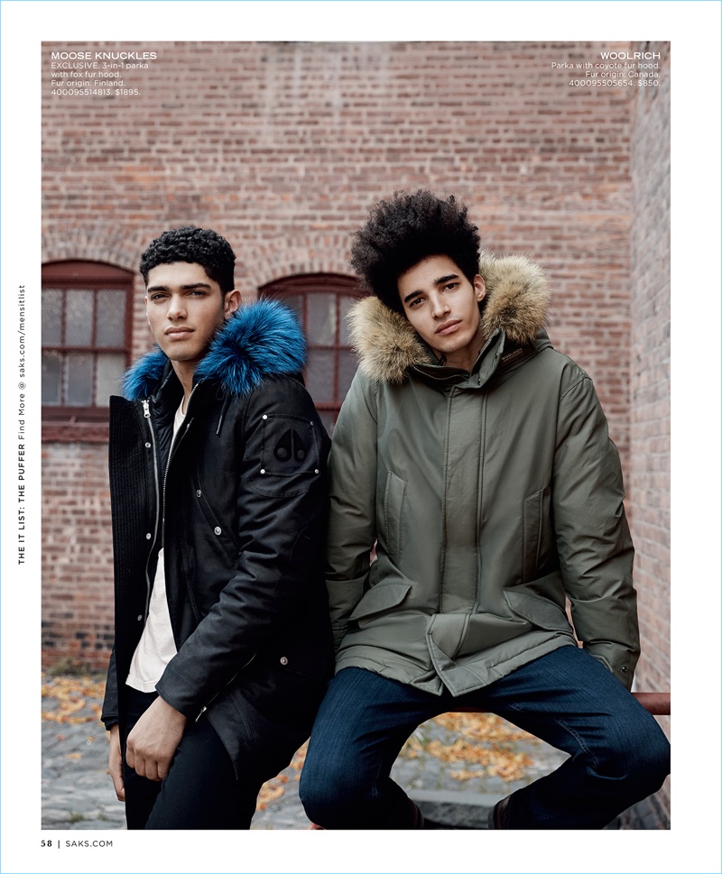 Models Torin Verdone and Luis Borges wear Moose Knuckles.