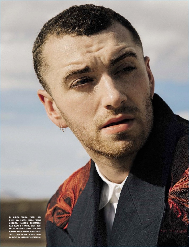 Starring in a L'Uomo Vogue photo shoot, Sam Smith wears Dries Van Noten.