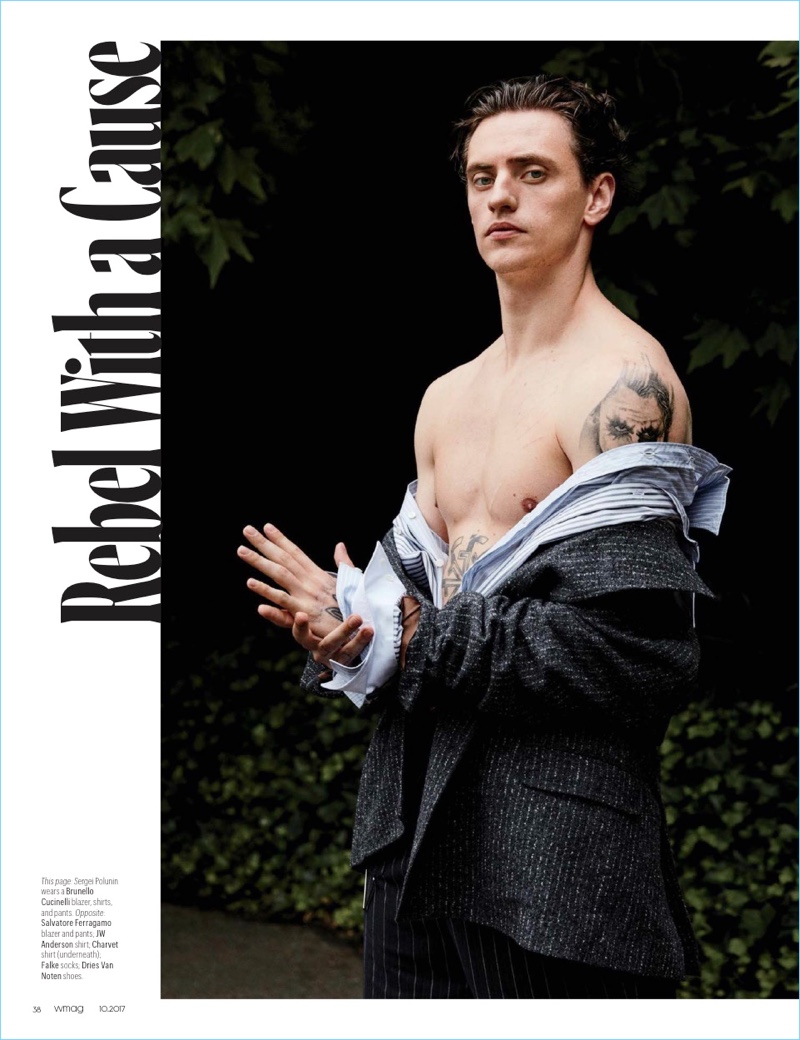 Sergei Polunin wears a Brunello Cucinelli blazer, shirt, and pants for W magazine.