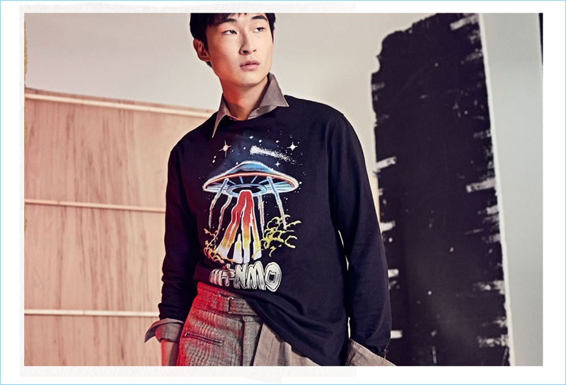 Sang Woo Kim thinks galactic in a print sweatshirt, shirt, and trousers from Stella McCartney.