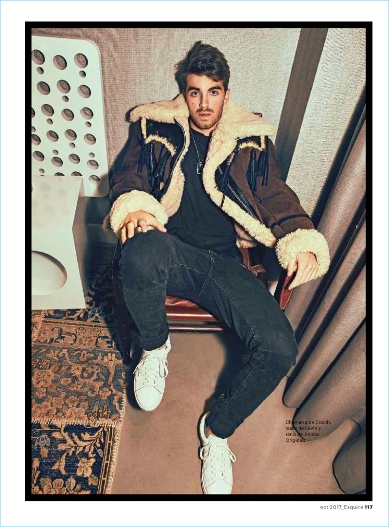 Making a style statement, Drew Taggart rocks a Coach jacket with Levi's jeans and Adidas Originals sneakers. » The Chainsmokers Rock Fall Styles for Esquire Latin America Making a style statement, Drew Taggart rocks a Coach jacket with Levi's jeans and Adidas Originals sneakers.