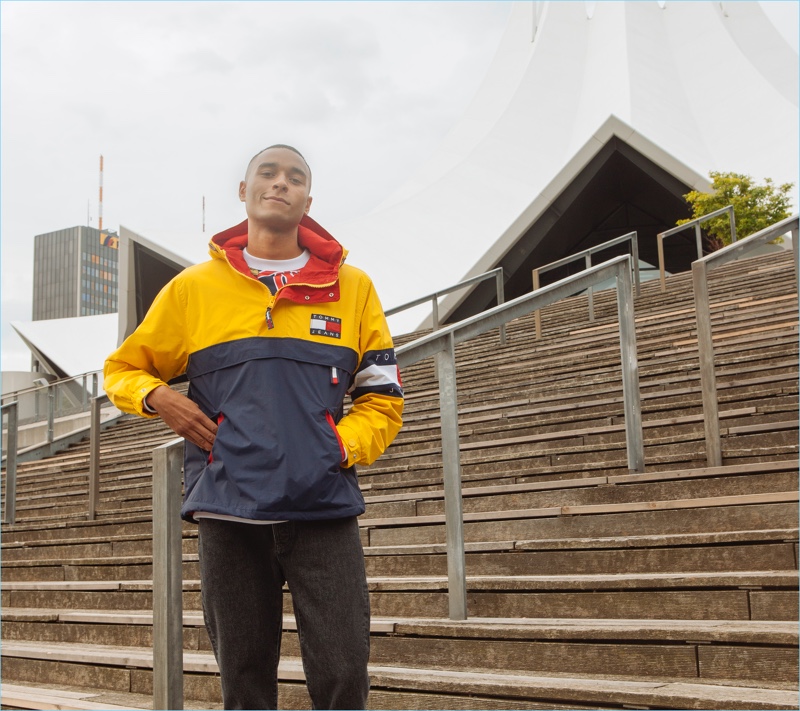 Aaron Max rocks a look from Tommy Jeans' fall-winter 2017 collection.