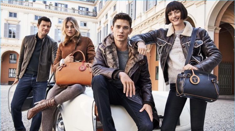 Sasha Knezevic, Megan Blake Irwin, Arthur Gosse, and Sam Rollinson appear in Trussardi's fall-winter 2017 campaign.