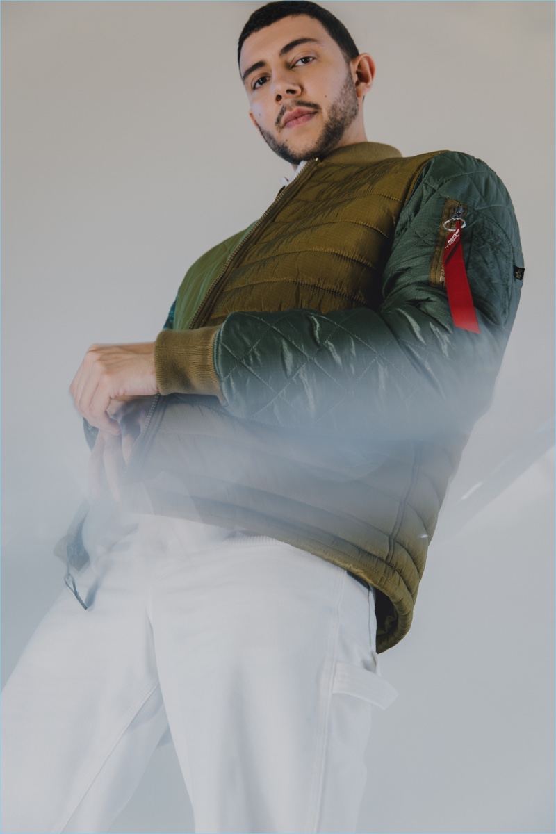Starring in a campaign for Urban Outfitters, Majid Al Maskati wears an Alpha Industries Ally bomber jacket $149.