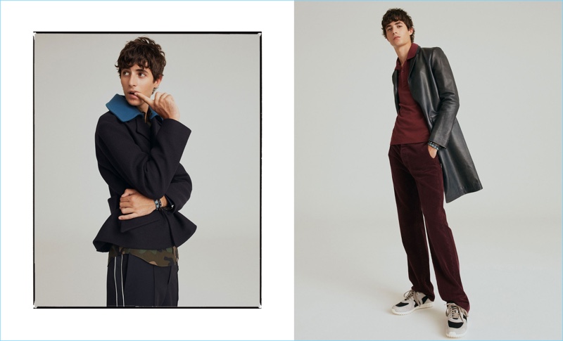 Left: Oscar Kindelan sports a Valentino peacoat with a camouflage print shirt and trousers. Right: He wears a Valentino leather coat with a polo shirt, corduroy trousers, and sneakers.