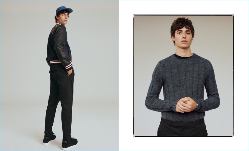 Pictured left, Oscar Kindelan models a Valentino leather bomber jacket with chino trousers, sneakers, and a cap. Right: Oscar rocks a Valentino mohair-blend sweater with chino trousers and a t-shirt.