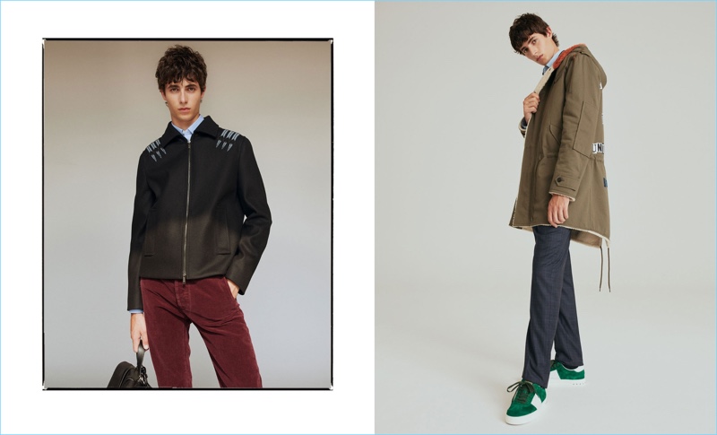 Left: Oscar Kidnelan dons a Valentino wool-felt jacket, striped shirt, and corduroy pants. Right: The model wears a Valentino parka, pinstripe shirt, slim-leg trousers, and suede sneakers.