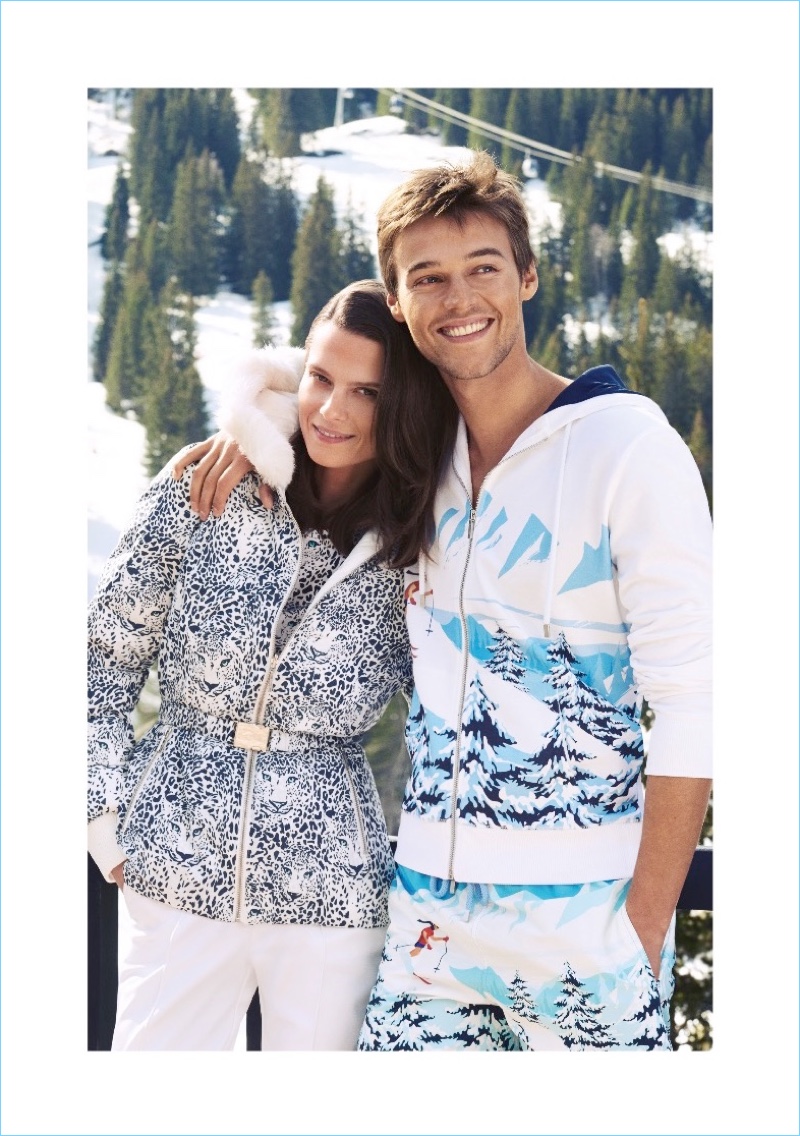 Models Elena Melnik and Robbie Wadge star in Vilebrequin's ski resort 2017 lookbook.