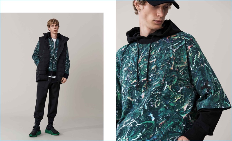Left: Making a graphic statement, Robbi G. models a quilted vest with a printed jacket, logo t-shirt, track pants, and sneakers. Right: Robbi rocks a Y-3 print t-shirt, logo sweatshirt, and cap.