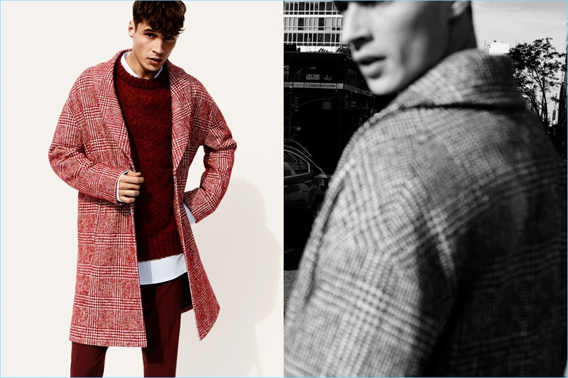 Seeing red, Adrien Sahores dons a Zara red coat, sweater, and trousers.