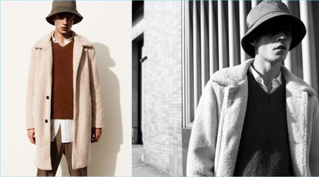 Adrien Sahores is a sleek vision in a Zara Man fleece coat and check trousers. He also wears a v-neck sweater, smart shirt, and bucket hat.