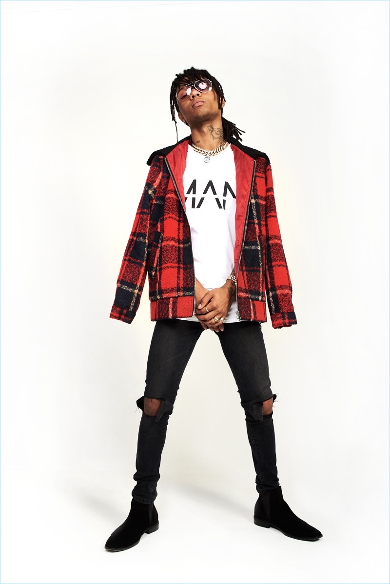 Swae Lee rocks a buffalo check print jacket and ripped jeans for boohooMAN's fall-winter 2017 campaign.