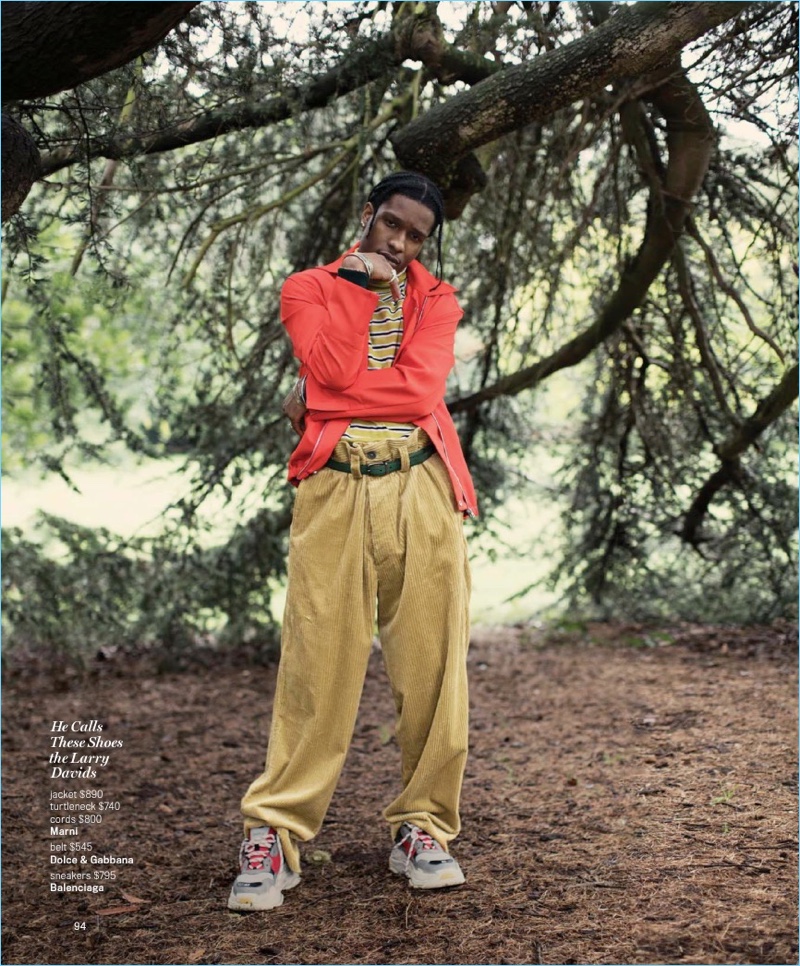 Embracing an oversize look, A$AP Rocky wears Marni clothes. He accessorizes with a Dolce & Gabbana belt and Balenciaga sneakers.