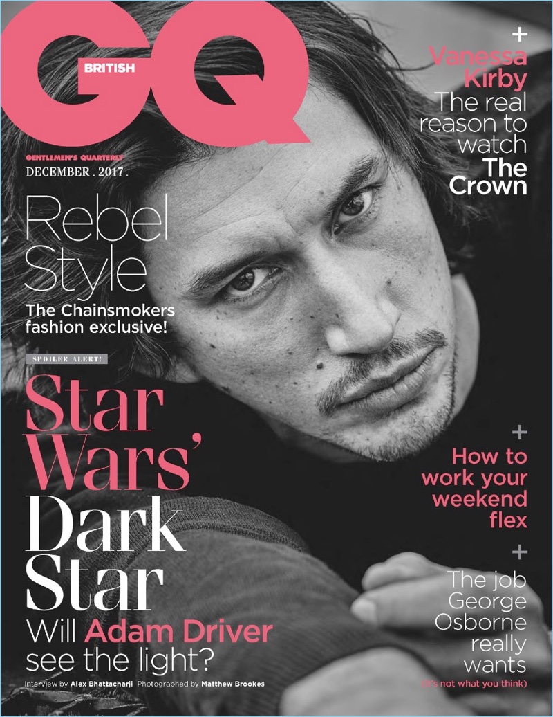 Adam Driver covers the December 2017 issue of British GQ.