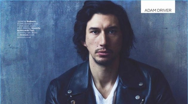 Adam Driver Covers British GQ, Talks Complexities of Kylo Ren Actor Adam Driver wears a leather biker jacket by Burberry. He also wears a t-shirt and jeans by Givenchy with Grenson boots.