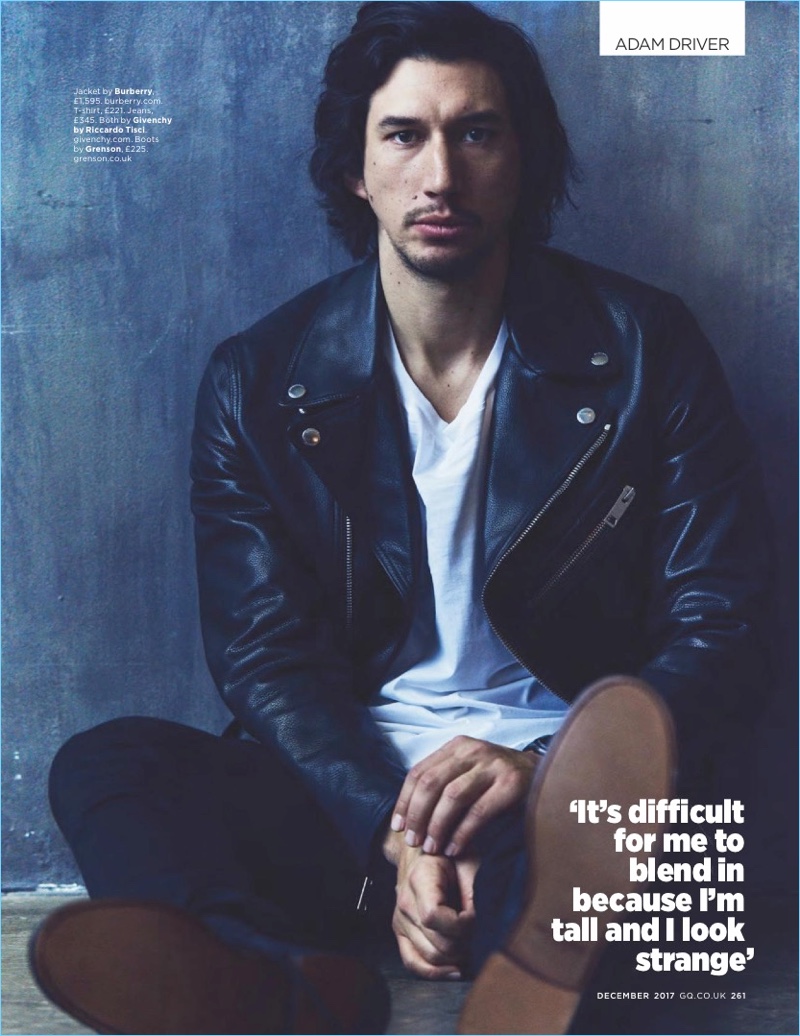 Actor Adam Driver wears a leather biker jacket by Burberry. He also wears a t-shirt and jeans by Givenchy with Grenson boots.