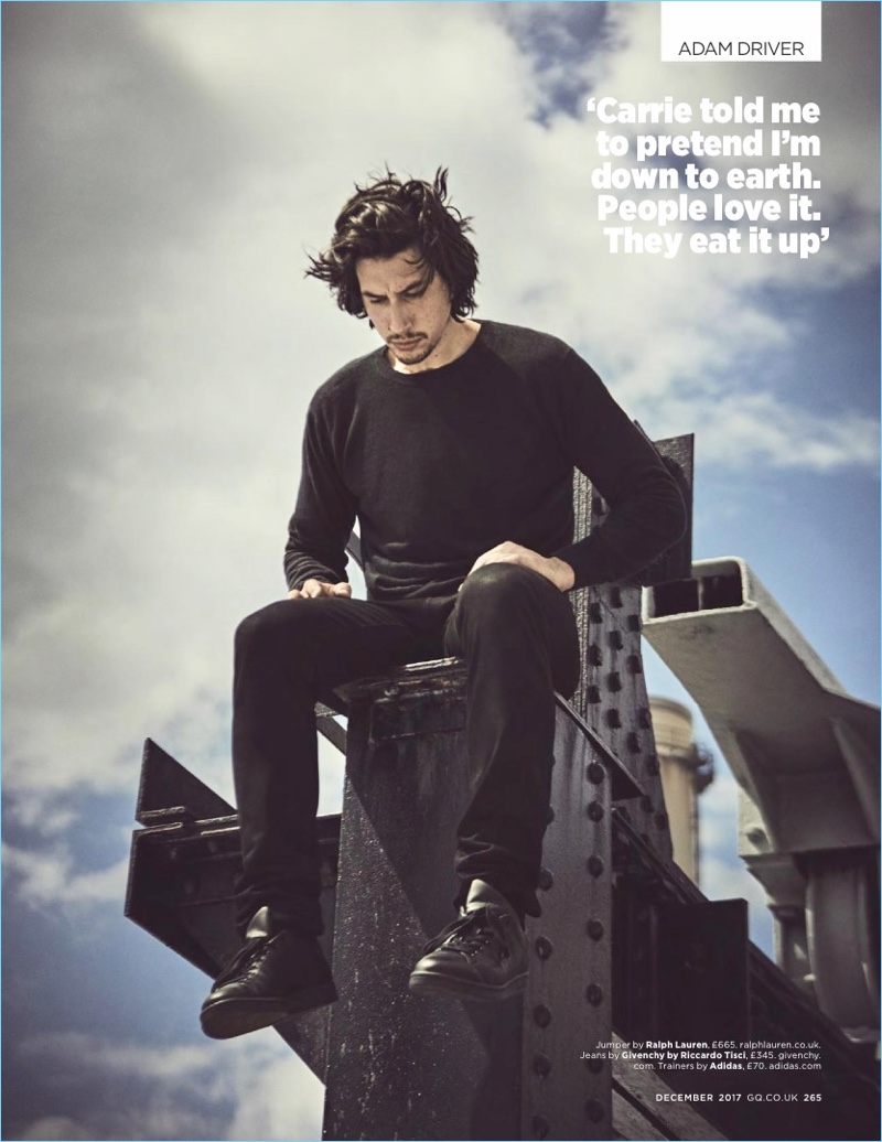 Appearing in a British GQ photo shoot, Adam Driver wears a Ralph Lauren sweater with Givenchy jeans. Driver also sports Adidas sneakers.