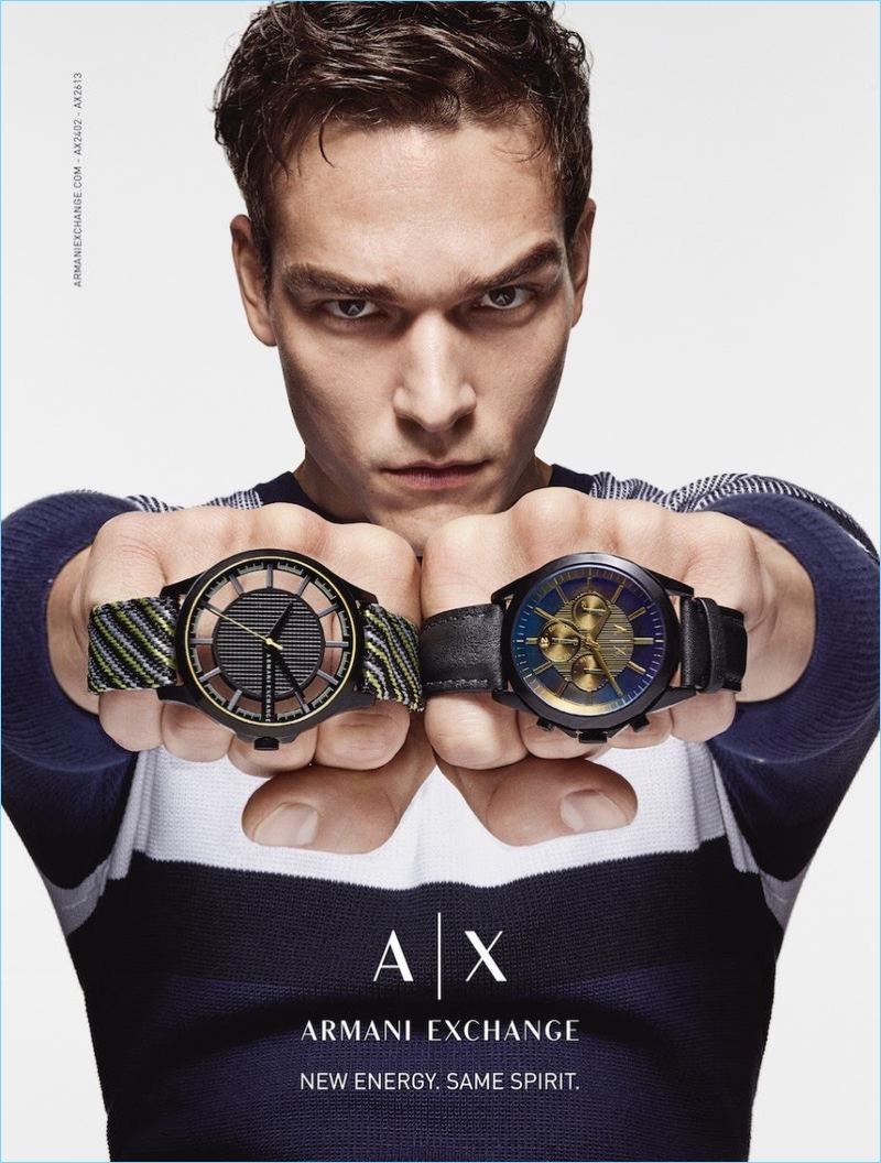 Top model Alexandre Cunha fronts Armani Exchange's fall-winter 2017 watch campaign.