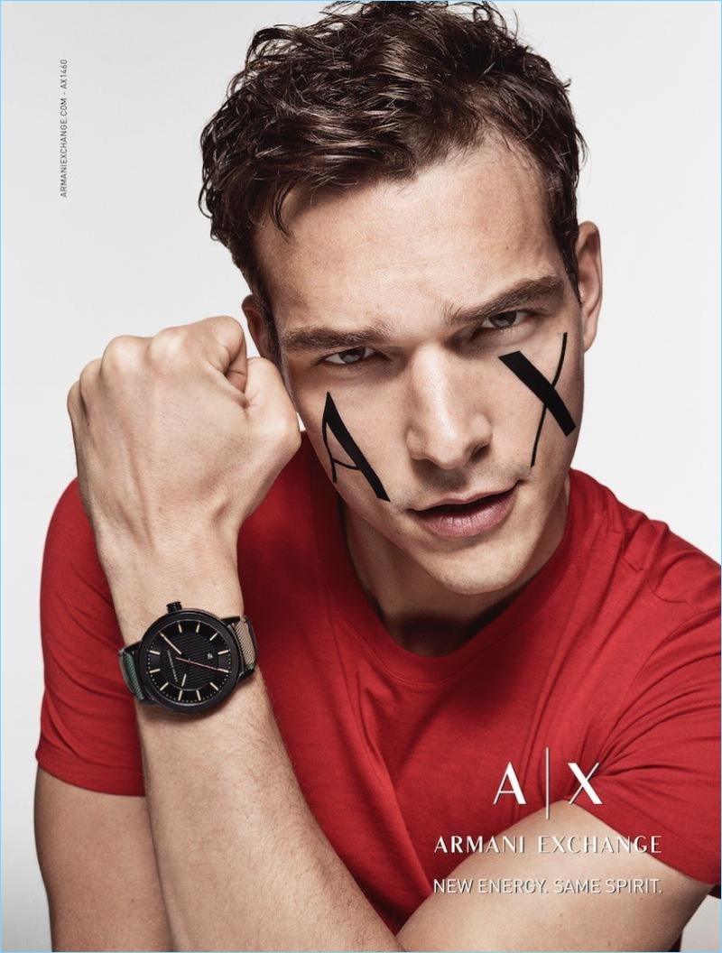 Model Alexandre Cunha appears in Armani Exchange's fall-winter 2017 watch campaign.