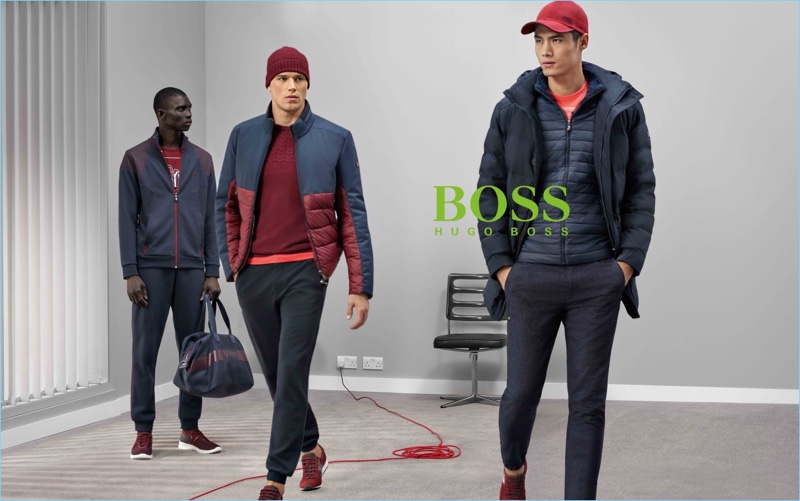 Models Fernando Cabral, Edward Wilding, and Hao Yun Xiang appear in BOSS Green's fall-winter 2017 campaign.