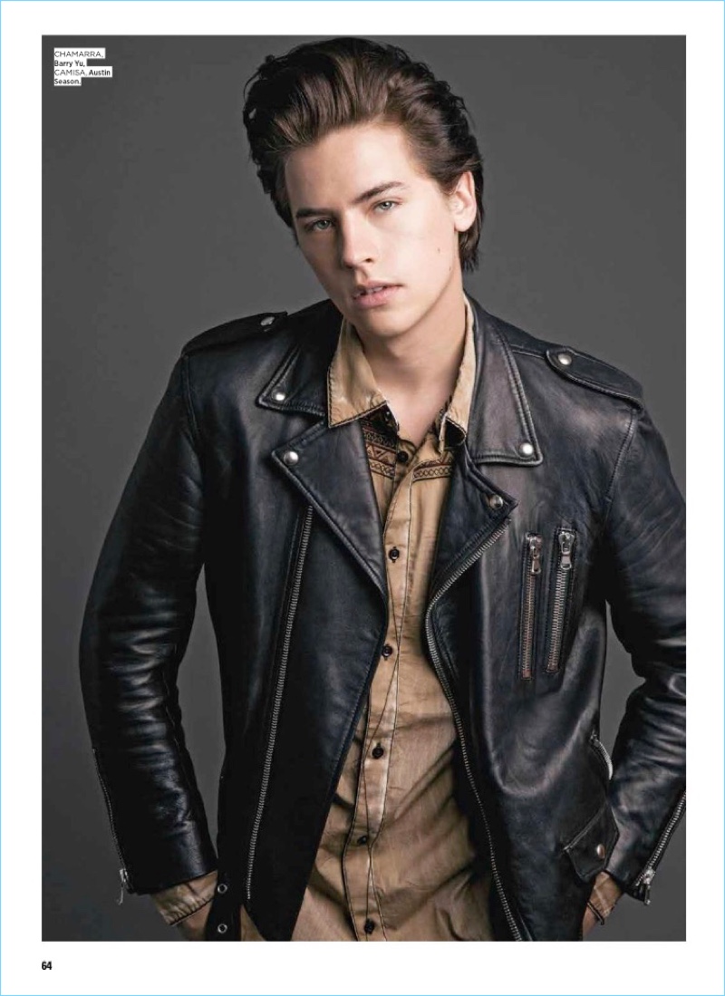 A cool vision in a Barry Yu leather jacket, Cole Sprouse also wears an Austin Season shirt.
