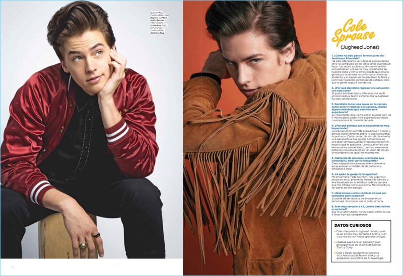 Left: Cole Sprouse wears a Civil Regime bomber jacket with an Austin Season shirt and G-Star Raw pants. Right: Sprouse sports an American Rag jacket.