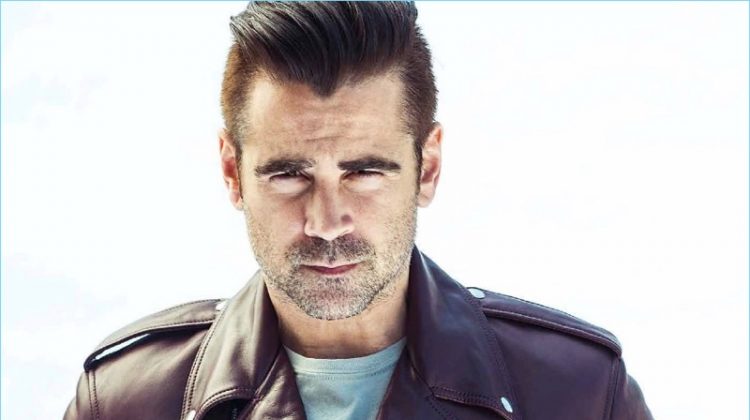 Sporting a leather biker jacket, Colin Farrell appears in a photo shoot.